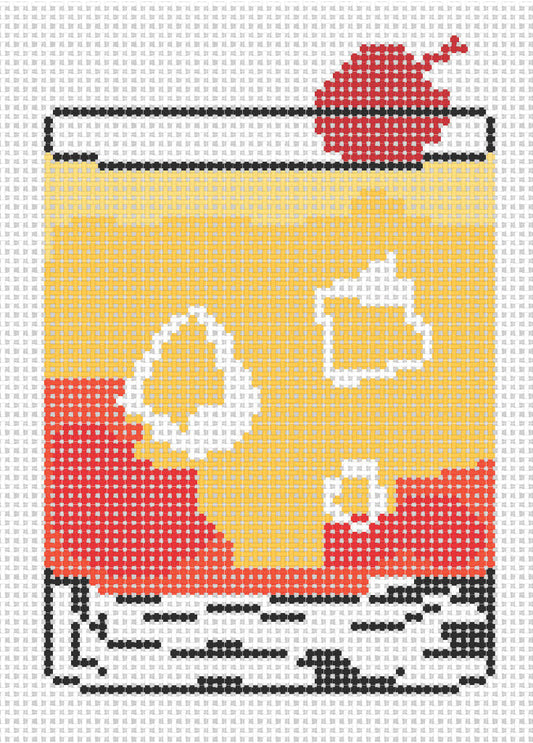 Needlepoint design of a "Whiskey Sour" in a glass on 18 mesh
