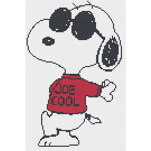 Needlepoint design of Peanuts Snoopy in a Joe Cool Sweatshirt and sunglasses on a white background of 18 mesh