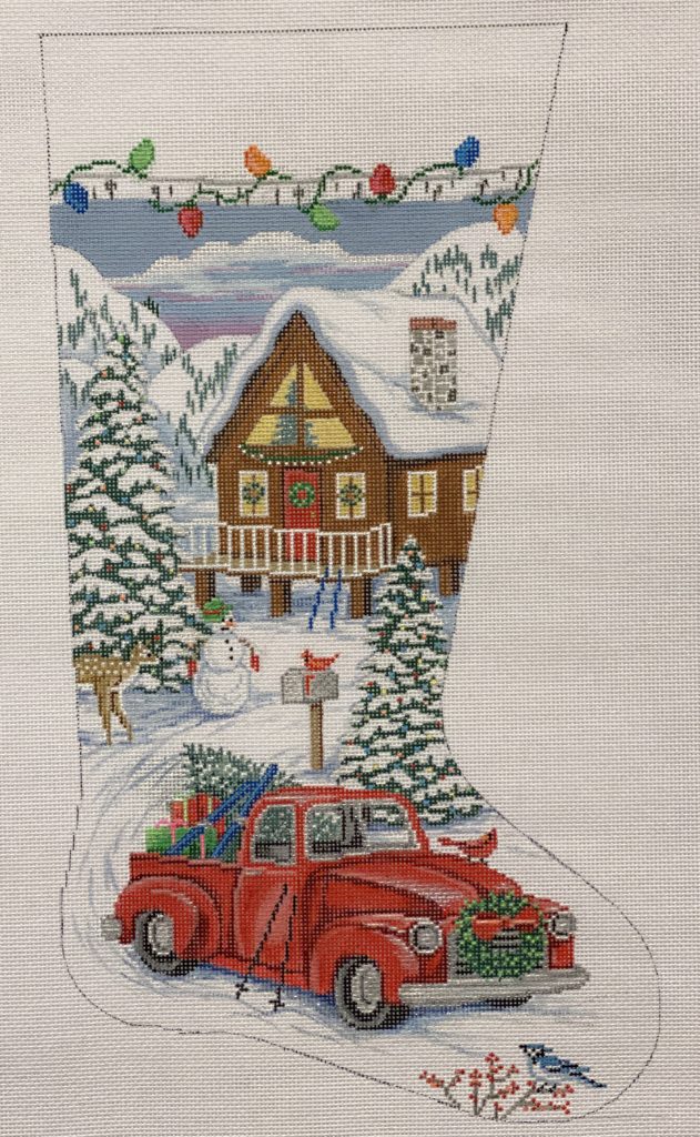Red Truck & Ski Lodge Stocking by Alice Peterson