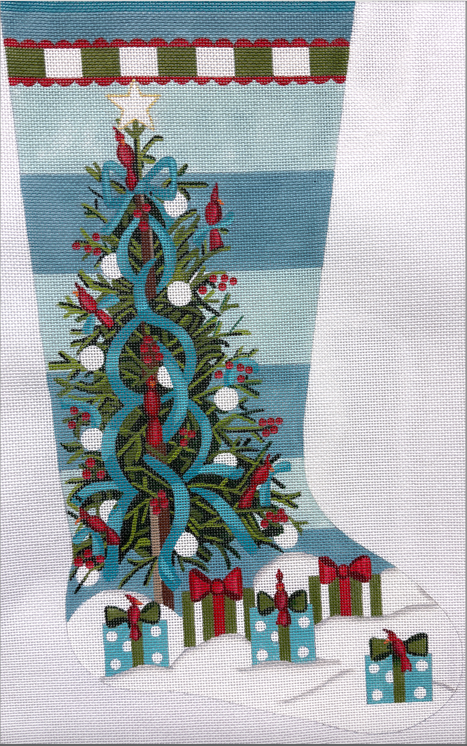 Teal Christmas Tree with Cardinals Stocking by Alice Peterson