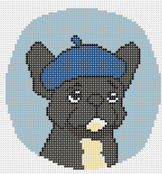 Needlepoint design of a "French Bulldog" breed in a Blue Beret hat on light blue 18 mesh