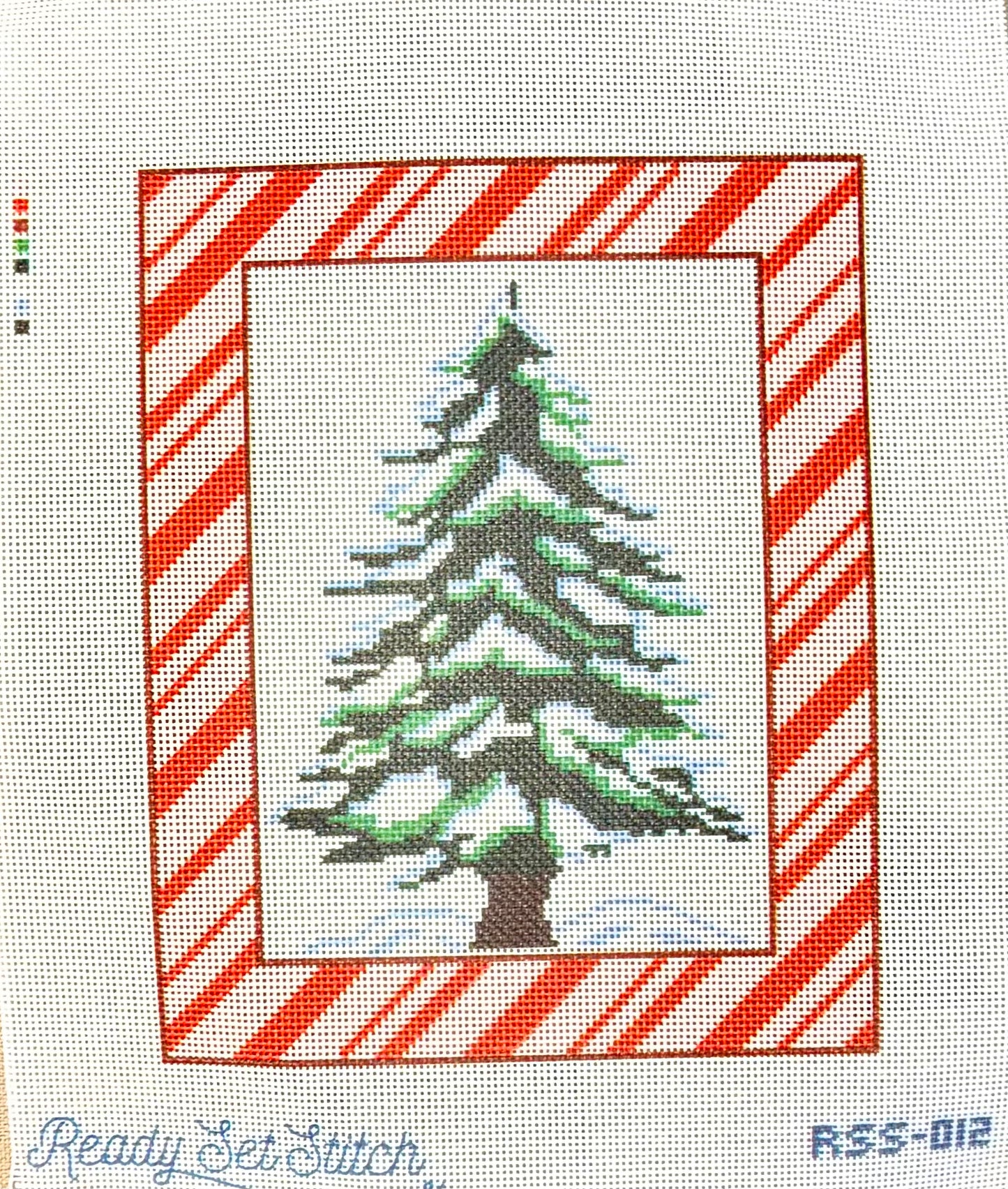 Snowy Christmas Tree in Candy Cane Border by Ready Set Stitch RSS-012 — needlepoint canvas