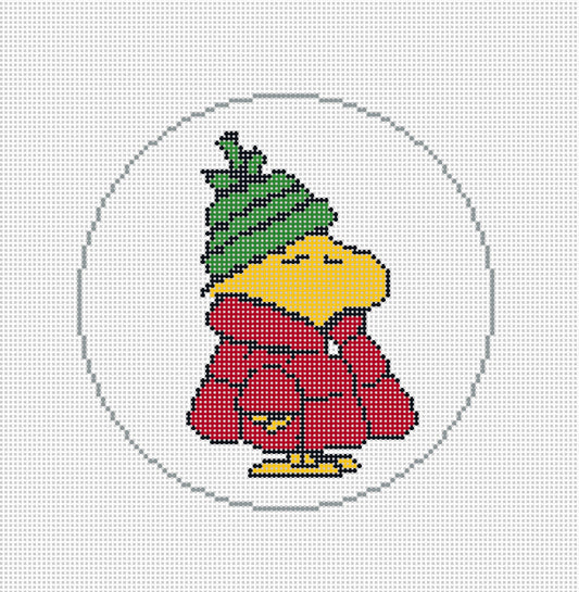 Needlepoint design of Peanuts Woodstock in a red puffer coat on a white background of 18 mesh