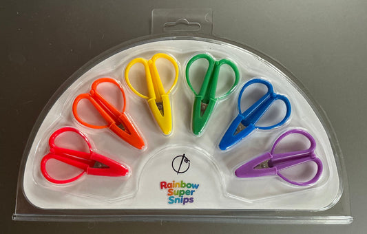 Set of colorful scissors in a clear plastic case with 'Rainbow Super Snips' branding.