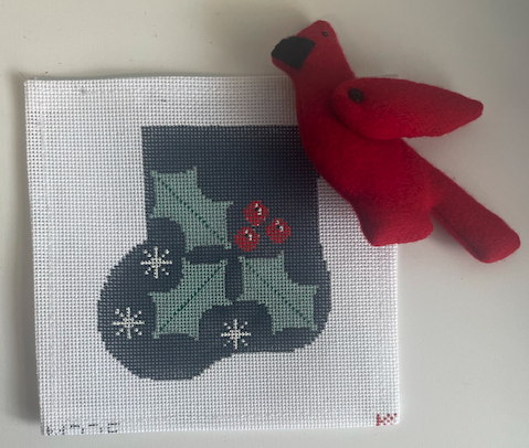 Holly Sock with Cardinal by Kathy Schenkel