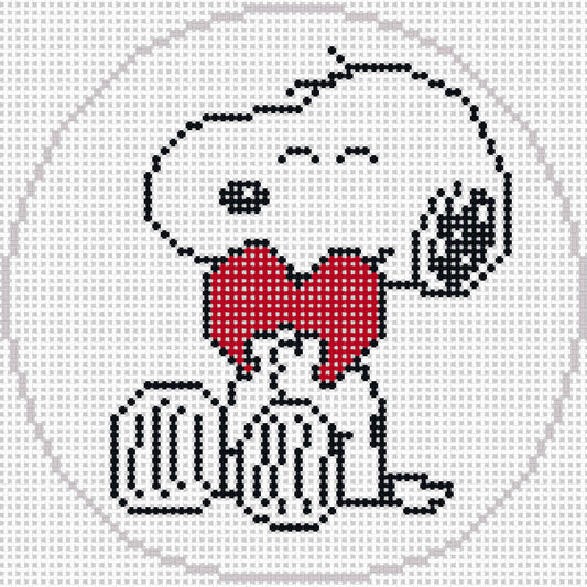 Needlepoint design of Peanuts Snoopy hugging a red heart on a white background of 18 mesh