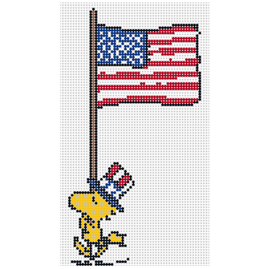 Needlepoint design of Peanuts Woodstock as uncle sam marching with US Flag on a white  background of 18 mesh