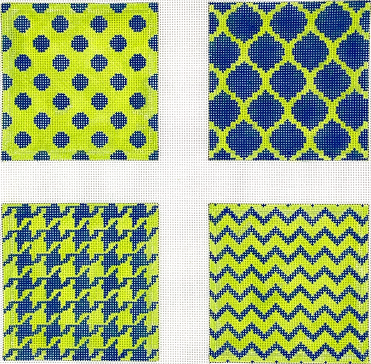 CO4-54 Set of 4 Coasters Mixed Geometric Patterns navy & lime