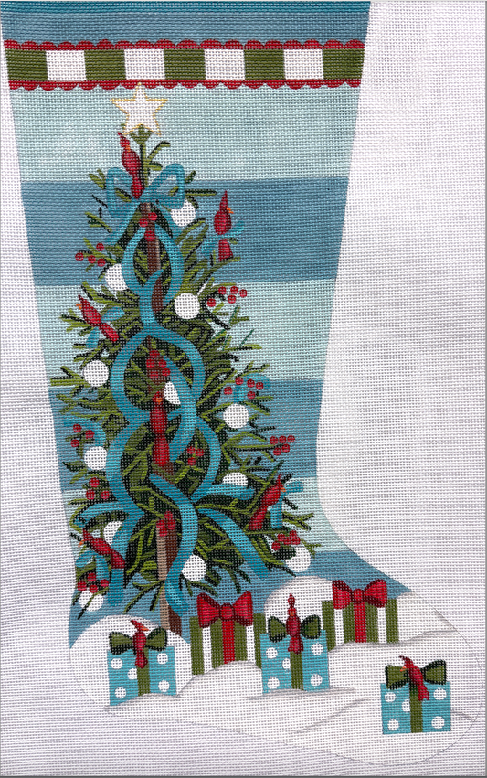 Teal Christmas Tree with Cardinals Stocking by Alice Peterson