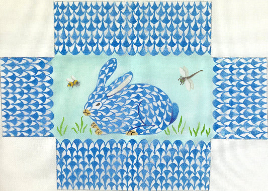 BR-28 Brick Fishnet Bunny in the Grass with Bee & Dragonfly blues, greens, tans, black & yellow