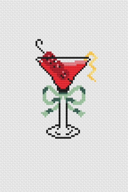 Needlepoint design of a "Rasberry Lemon Drop Martini " in a glass on 18 mesh