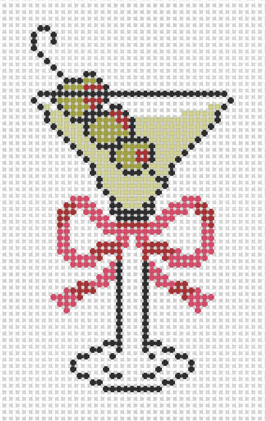 Needlepoint design of a "Dirty Martini " in a glass with olives on 18 mesh