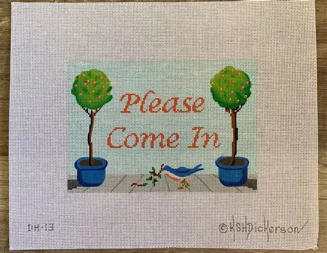 DH-13 "Please Come In" Topiaries in Blue Pots & Bluebird w/ Coral Lettering on Sky