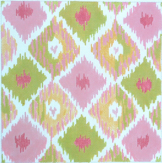 Ikat Diamonds w/Four Hearts - pinks & greens w/sun yellow by Kate Dickerson
