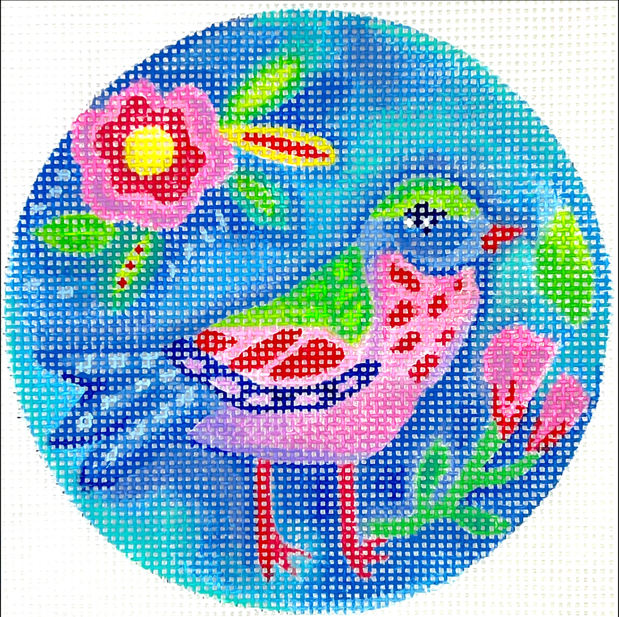 Green, Pink & Blue Bird w/Pink Flowers by Julia Eves - Kate Dickerson Needlepoint