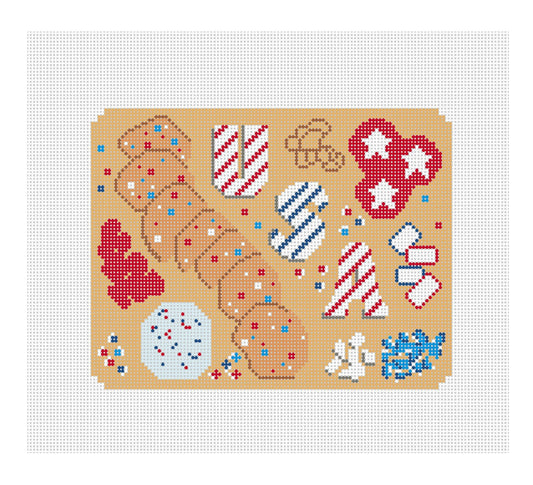 Needlepoint design of Patriotic charcouterie on 18 mesh