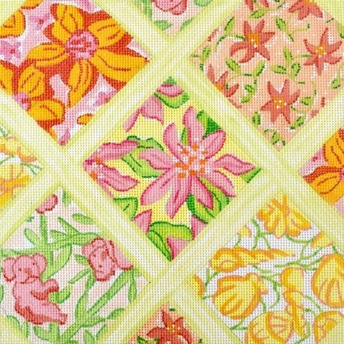 Med Sq - Lilly-inspired Lattice Patchwork yellows, pinks, corals & greens Kate Dickerson
