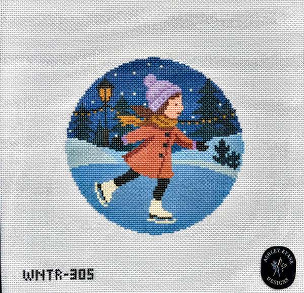Winter Magic – Hand Painted Ice Skating Needlepoint Canvas